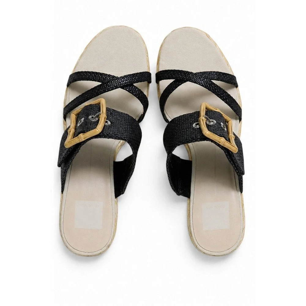 Dolce Vita Edwina Platform Black Raffia Woven Block Heel Bamboo Buckle Mules 9